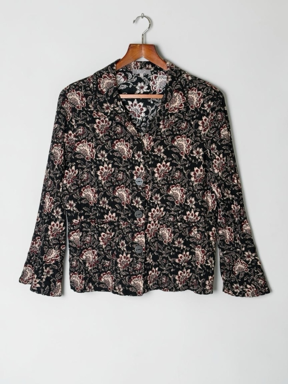 Habitat Floral Block Print Flounce Jacket M Black Crinkle Cotton Style 48745